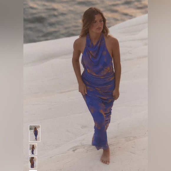 Zara Blue and Gold Halter Maxi Dress - Picture 4 of 7